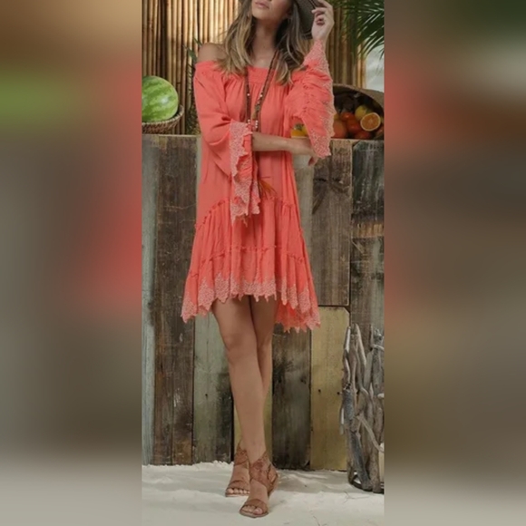 Z&L Dresses & Skirts - Z&L Europe Deja 100% Viscose Elegant Coral Off-Shoulder Embroidered Dress Large